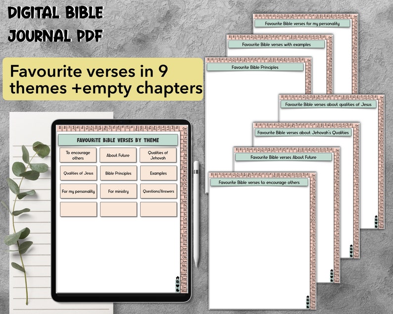 Pode incluir: Um di&aacute;rio digital da B&iacute;blia em PDF com nove temas para escrever seus vers&iacute;culos b&iacute;blicos favoritos. Os temas incluem: Incentivar os outros, Qualidades de Jesus, Sobre o futuro, Princ&iacute;pios b&iacute;blicos, Qualidades de Jeov&aacute;, Exemplos, Para minha personalidade, Para o minist&eacute;rio e Perguntas/Respostas.