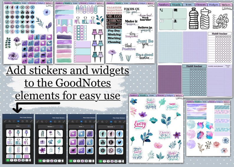 Digital Elements for Goodnotes Pink Mint Functional Stickers, Sticker ...