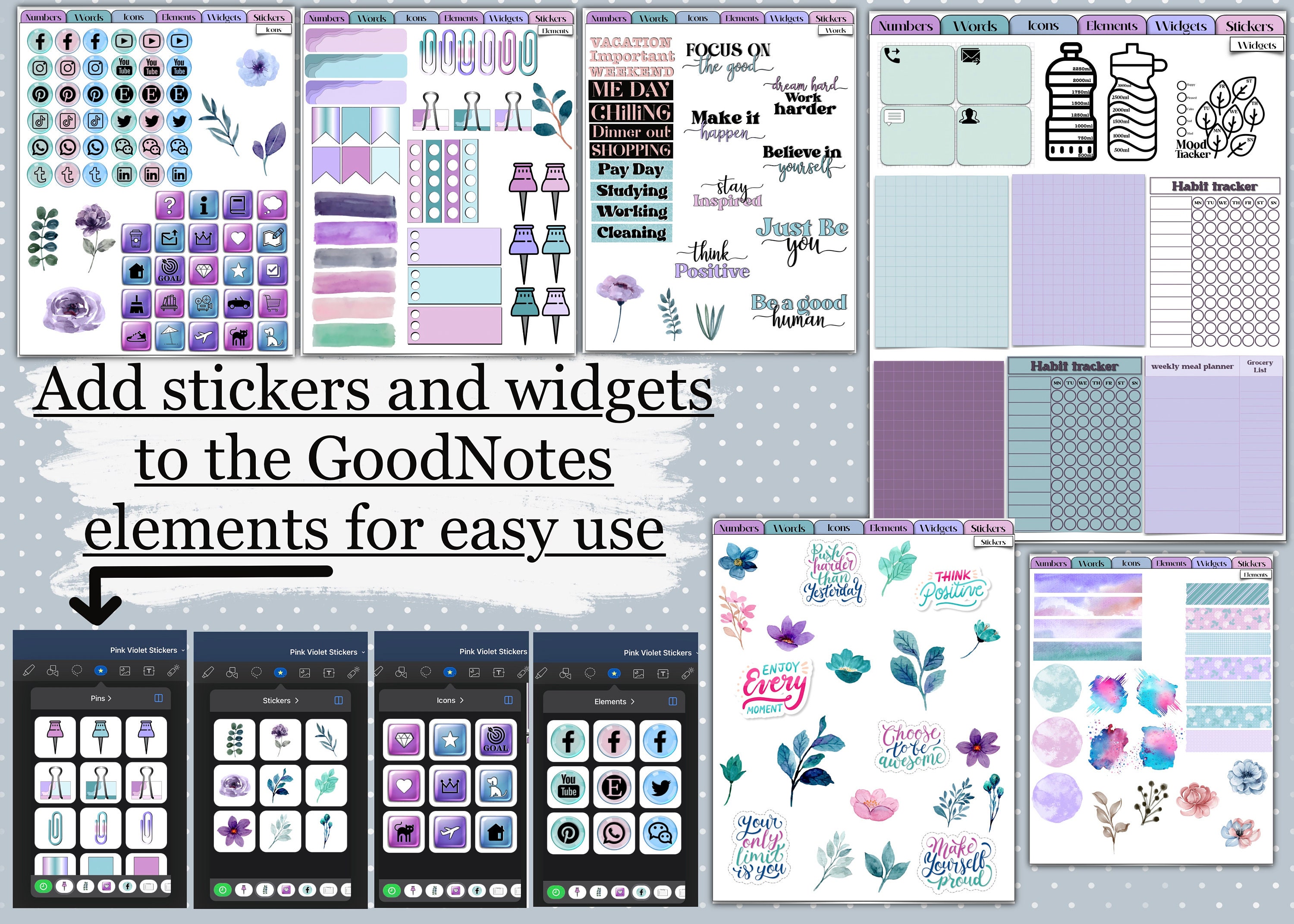 Digital Elements for Goodnotes Pink Mint Functional Stickers, Sticker ...