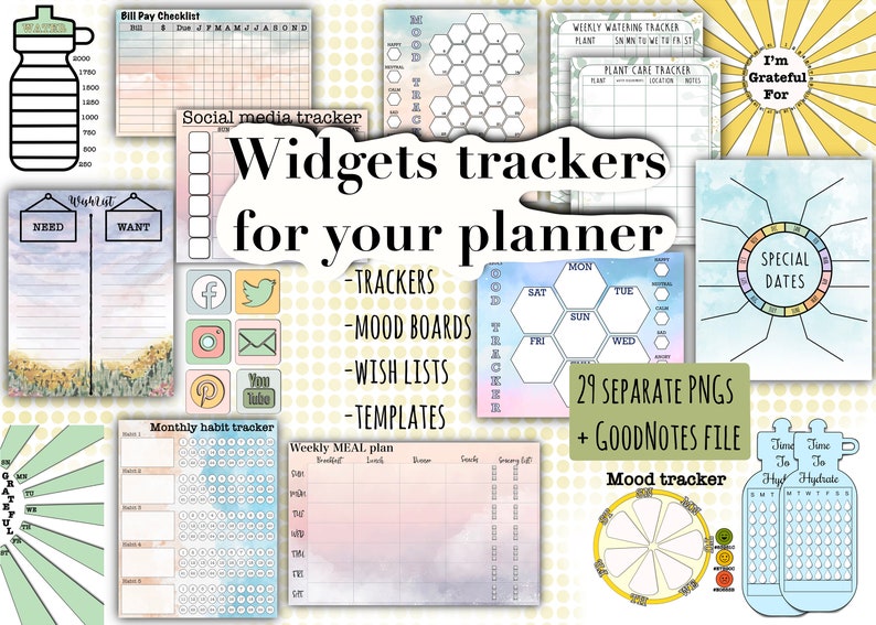 May include: A collection of 29 printable planner widgets and trackers in PNG format. The widgets include a bill pay checklist, social media tracker, wish list, mood board, meal planner, habit tracker, mood tracker, water tracker, and special dates tracker. The widgets are designed in a pastel color scheme with watercolor backgrounds.