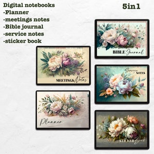 May include: Five digital notebook covers with floral designs. Each cover features a different floral arrangement with peonies, roses, and other flowers in shades of pink, white, and blue. The covers are labeled with the titles "Planner", "Meetings Notes", "Bible Journal", "Service Notes", and "Sticker Book".