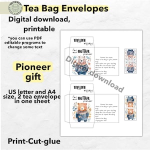 Tea bag envelopes pioneer elders gift printable, sister elder gift tea bag wrappers gift, digital download encouraging printable
