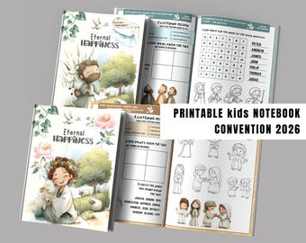 Può includere: Due quaderni con il titolo "Eternal Happiness" e illustrazioni di personaggi dei cartoni animati. Un quaderno è aperto, rivelando pagine di attività con spazi vuoti e un cruciverba. Il testo "Printable Kids Notebook Convention 2026" è visualizzato.