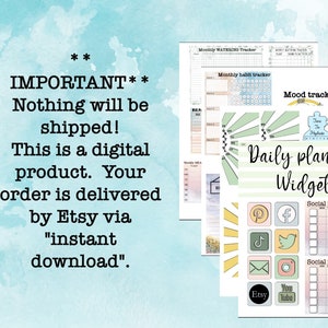 May include: A digital download of printable daily planning widgets. The widgets include a mood tracker, habit tracker, watering tracker, social media tracker, and a daily planning section. The widgets are designed in a light green and yellow color scheme with a watercolor background.