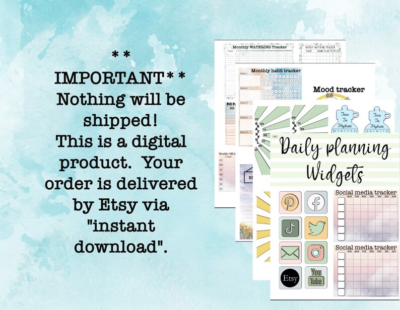 May include: A digital download of printable daily planning widgets. The widgets include a mood tracker, habit tracker, watering tracker, social media tracker, and a daily planning section. The widgets are designed in a light green and yellow color scheme with a watercolor background.