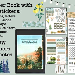 May include: A digital planner sticker book with 200 stickers for JW planners and notes. The book features a watercolor illustration of a forest scene with a sunset in the background. The stickers include numbers, letters, words, icons, washi tape, strokes, stickers, notes boxes, and elements. The book cover says "JW Sticker-Book".