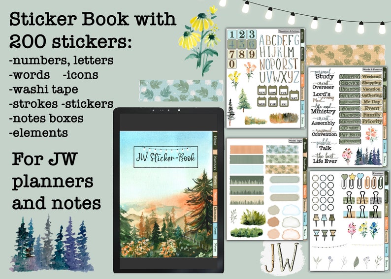 May include: A digital planner sticker book with 200 stickers for JW planners and notes. The book features a watercolor illustration of a forest scene with a sunset in the background. The stickers include numbers, letters, words, icons, washi tape, strokes, stickers, notes boxes, and elements. The book cover says "JW Sticker-Book".