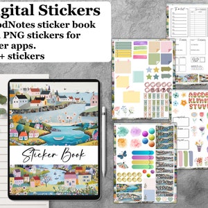 May include: Digital sticker book for GoodNotes and other apps. The book features a colorful illustration of a seaside town with houses, boats, and flowers. The book includes over 170 stickers, including alphabet letters, flowers, and other decorative elements.