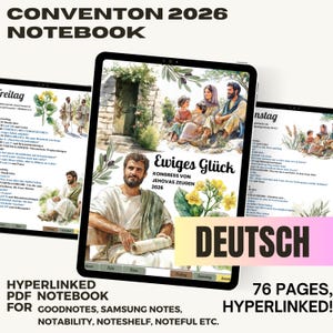 Pode incluir: Um caderno digital para o congresso 2026 das Testemunhas de Jeová intitulado Ewiges Glück. A capa apresenta ilustrações em aquarela de uma família e um homem segurando um pergaminho, com ramos de oliveira e flores amarelas. 76 páginas.
