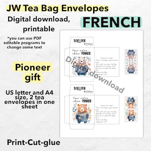JW Français enveloppes de sachets de thé pionnier imprimables, cadeau pionnier d’emballages de sachets de thé, téléchargement numérique encourageant imprimable