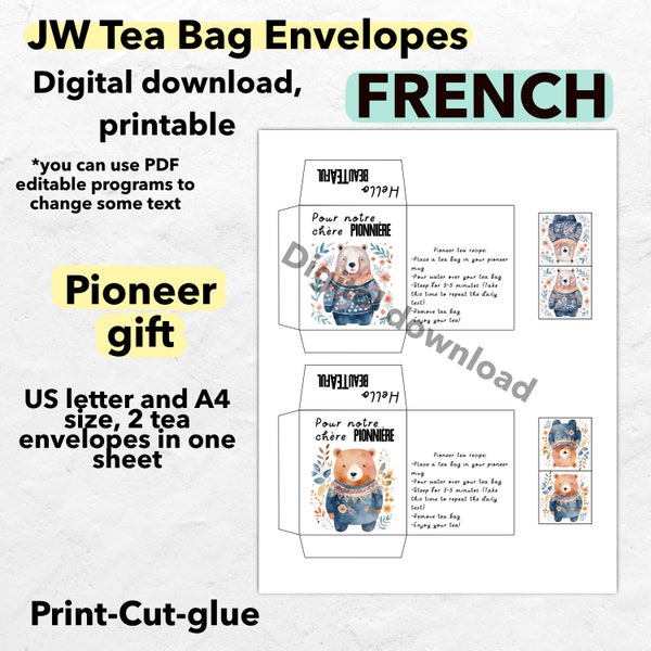 JW French tea bag envelopes pioneer printable, pionniere tea bag wrappers gift, digital download encouraging printable