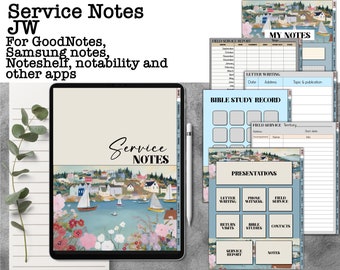 JW service notes for GoodNotes, return visits, Bible study, presentations planner iPad hyperlinked, with stickers notability Noteshelf