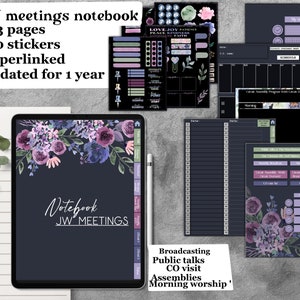 Könnte beinhalten: Ein digitaler Planer für Jehovas Zeugen-Treffen. Das Cover zeigt ein Blumenmuster mit violetten, rosa und blauen Blumen auf einem dunkelgrauen Hintergrund. Der Planer umfasst 183 Seiten, 130 Sticker und ist hyperverlinkt. Er ist undatiert und kann ein Jahr lang verwendet werden. Der Planer enthält Abschnitte für Übertragungen, öffentliche Vorträge, CO-Besuche, Versammlungen und den Morgenanbetung.