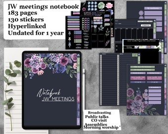 Caderno JW sem data para GoodNotes, para 1 ano de reuniões, convenções, visitas, PDF com hiperlinks para iPad, com adesivos para Notability Noteshelf.
