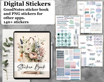 Könnte beinhalten: Ein digitales Stickerbuch mit über 140 Stickern für GoodNotes und andere Apps. Die Sticker zeigen eine Vielzahl von Designs, darunter florale Muster, motivierende Zitate und geometrische Formen. Die Sticker sind in einer Pastellfarbpalette mit Blautönen, Rosatönen und Grüntönen gehalten.