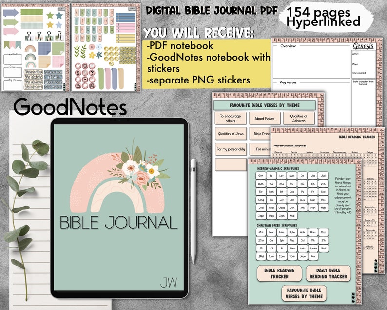 Pode incluir: Um di&aacute;rio b&iacute;blico digital PDF com 154 p&aacute;ginas hiperligadas. A capa apresenta um arco-&iacute;ris rosa pastel e verde com flores sobre um fundo verde. O texto "BIBLE JOURNAL" est&aacute; escrito em branco sobre o arco-&iacute;ris. O texto "JW" est&aacute; escrito em branco no canto inferior direito. O di&aacute;rio inclui se&ccedil;&otilde;es para vers&iacute;culos b&iacute;blicos favoritos por tema, rastreador de leitura b&iacute;blica, rastreador de leitura b&iacute;blica di&aacute;ria e escrituras hebraicas-aramaicas.