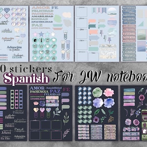 May include: A set of 260 Spanish language stickers for JW notebooks. The stickers feature a variety of designs, including flowers, geometric shapes, and text. The text includes words like "Amor", "Fe", "Paciencia", and "Paz".