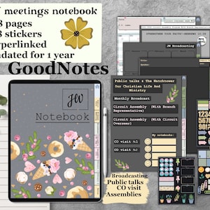 JWミーティングワークブック、GoodNotes用の1年間の日付なしの黒のノートブックジャーナル、アセンブリ共同訪問、ハイパーリンクされたiPad、注目度の高いステッカー