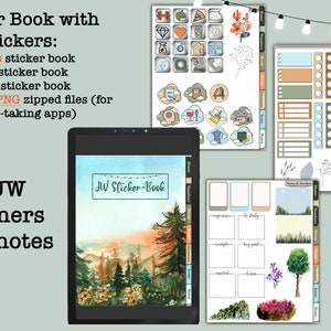 May include: A digital planner sticker book with 200 stickers for GoodNotes, Noteshelf, and Notability apps. The cover features a watercolor illustration of a mountain range with a sunset sky. The text "JW Sticker-Book" is displayed on the cover.