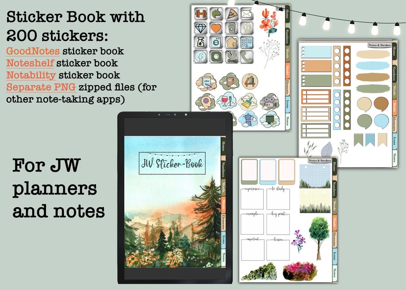 May include: A digital planner sticker book with 200 stickers for GoodNotes, Noteshelf, and Notability apps. The cover features a watercolor illustration of a mountain range with a sunset sky. The text "JW Sticker-Book" is displayed on the cover.