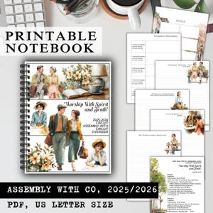 Può includere: Un quaderno stampabile a spirale con la scritta "PRINTABLE NOTEBOOK" in alto. La copertina presenta illustrazioni e il testo "Worship With Spirit and Truth" e "2025-2026 CIRCUIT ASSEMBLY WITH CIRCUIT OVERSEER".