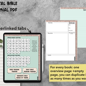 Pode incluir: Di&aacute;rio digital da B&iacute;blia em PDF com abas hiperligadas, Escrituras hebraicas-aramaicas e gregas crist&atilde;s, rastreador de leitura da B&iacute;blia, rastreador de leitura di&aacute;ria da B&iacute;blia e vers&iacute;culos favoritos da B&iacute;blia por tema. O di&aacute;rio inclui uma p&aacute;gina de vis&atilde;o geral e uma p&aacute;gina em branco para cada livro da B&iacute;blia.