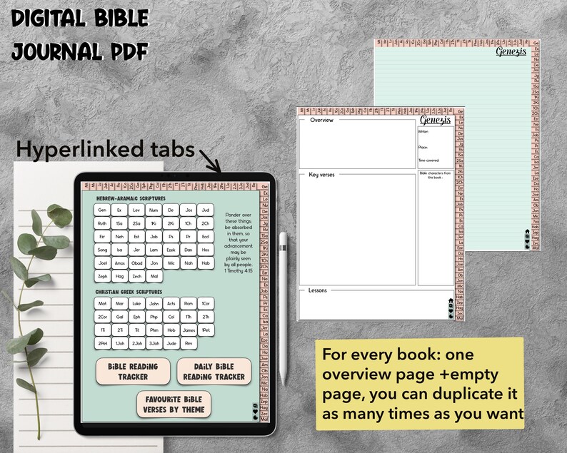 Pode incluir: Di&aacute;rio digital da B&iacute;blia em PDF com abas hiperligadas, Escrituras hebraicas-aramaicas e gregas crist&atilde;s, rastreador de leitura da B&iacute;blia, rastreador de leitura di&aacute;ria da B&iacute;blia e vers&iacute;culos favoritos da B&iacute;blia por tema. O di&aacute;rio inclui uma p&aacute;gina de vis&atilde;o geral e uma p&aacute;gina em branco para cada livro da B&iacute;blia.