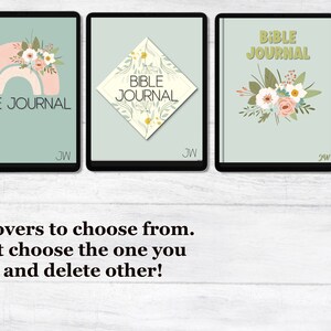 Pode incluir: Tr&ecirc;s maquetes de tela de tablet digital mostrando diferentes designs de capa para um di&aacute;rio b&iacute;blico. As capas apresentam designs florais e o texto "BIBLE JOURNAL".