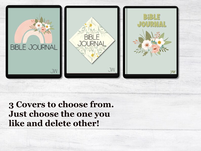 Pode incluir: Tr&ecirc;s maquetes de tela de tablet digital mostrando diferentes designs de capa para um di&aacute;rio b&iacute;blico. As capas apresentam designs florais e o texto "BIBLE JOURNAL".