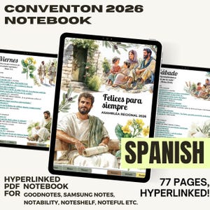 May include: A digital notebook for the 2026 Convention, featuring a cover with the text "Felices para siempre" and "Asamblea Regional 2026". The notebook is hyperlinked and has 77 pages. Compatible with GoodNotes, Samsung Notes, Notability, Noteshelf, and Noteful.