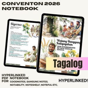 以下が含まれることがあります： タガログ語の2026年大会用ノートブックを表示した2台のデジタルタブレット。画面には聖書の登場人物、小麦、黄色い花のイラストが描かれ、「CONVENTON 2026 NOTEBOOK」および「Walang-Hanggang Kaligayahan」というテキストが表示されています。