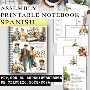 Könnte beinhalten: Ein spiralgebundenes, druckbares Notizbuch auf Spanisch mit dem Text "Assembly Printable Notebook Spanish". Das Notizbuch enthält Aquarellillustrationen von Menschen und Blumen. Der Text "PDF, CON EL SUPERINTENDENTE DE CIRCUITO, 2025/2026" ist ebenfalls sichtbar.