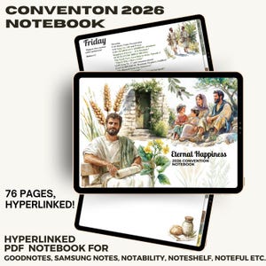Peut inclure: Un cahier numérique pour la Convention 2026, avec des illustrations et le texte "Eternal Happiness". Le cahier contient 76 pages et est hyperlié. Compatible avec GoodNotes, Samsung Notes, Notability, Noteshelf et Noteful.