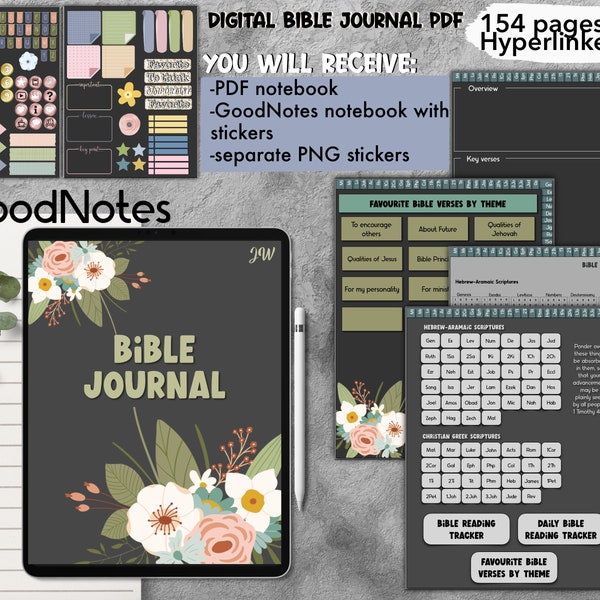 JW Daily Bible reading notebook journal  for GoodNotes, pdf iPad hyperlinked, with stickers notability Noteshelf