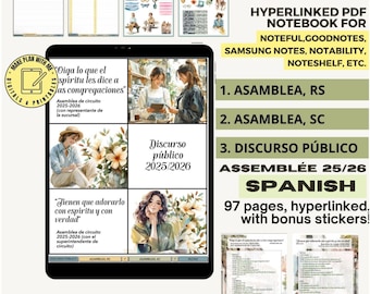 Spanish Assemblies and Public Talks Digital PDF notebook 2in1 2025 2026 Worship With Spirit Truth, meetings notes, Goodnotes journal