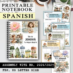 Può includere: Un quaderno a spirale con copertina bianca che presenta illustrazioni ad acquerello di una ragazza, un grande fiore rosa e case colorate, con il testo Haz de JEHOVÁ tu mayor alegría. Include diversi fogli sciolti con grafiche abbinate.