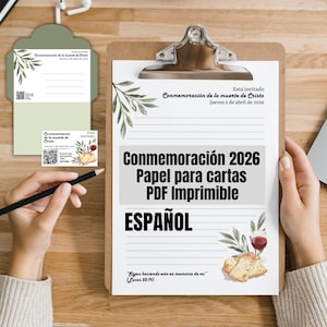 May include: A clipboard holds a printed invitation in Spanish for the "Commemoration 2026." The design includes watercolor illustrations of bread and wine, with text that reads "Commemoration of the death of Christ, Thursday, April 2, 2026." An envelope and pencil are also visible.