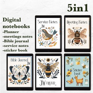 May include: A digital planner set with five different designs. The designs feature a bee, a butterfly, a bird, and floral elements. The text on the covers reads "Bible Journal JW", "Service Notes JW", "Meeting Notes", "JW Planner", and "Sticker Book".