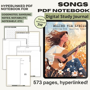 Peut inclure: Un carnet numérique pour étudier les chansons. La couverture présente une femme jouant de la guitare dans un champ de fleurs. Le titre est "Songs PDF Notebook: Digital Study Journal" et "Behind the Lyrics: Learning from 'Spiritual Songs'". Le carnet compte 573 pages et est hyperlié.