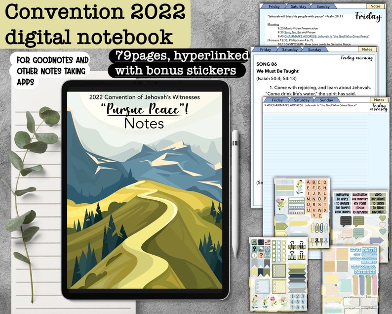 JW Pursue Peace convention 2022 program GoodNotes DIGITAL PDF notebook, jw notebook, with stickers elements