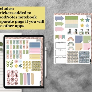 Pode incluir: Um tablet digital que exibe um conjunto de adesivos coloridos para uso no aplicativo GoodNotes. Os adesivos incluem letras, n&uacute;meros, flechas, arco-&iacute;ris e outros elementos decorativos. Os adesivos s&atilde;o projetados em um esquema de cores pastel com um tema floral.