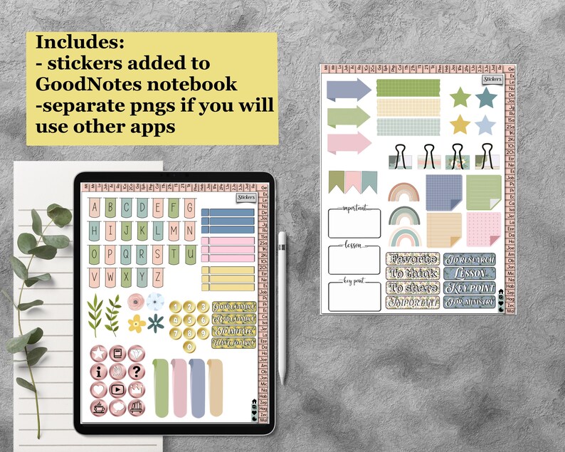 Pode incluir: Um tablet digital que exibe um conjunto de adesivos coloridos para uso no aplicativo GoodNotes. Os adesivos incluem letras, n&uacute;meros, flechas, arco-&iacute;ris e outros elementos decorativos. Os adesivos s&atilde;o projetados em um esquema de cores pastel com um tema floral.