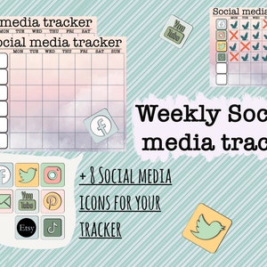 May include: A weekly social media tracker with a pastel pink and blue watercolor background. The tracker includes a grid for each day of the week and icons for popular social media platforms like Facebook, Twitter, Instagram, YouTube, Pinterest, Etsy, and TikTok.