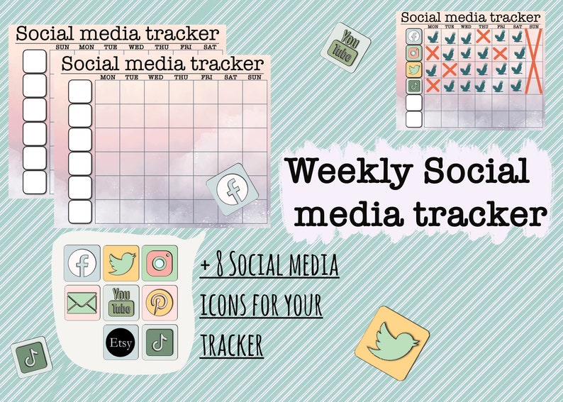 May include: A weekly social media tracker with a pastel pink and blue watercolor background. The tracker includes a grid for each day of the week and icons for popular social media platforms like Facebook, Twitter, Instagram, YouTube, Pinterest, Etsy, and TikTok.