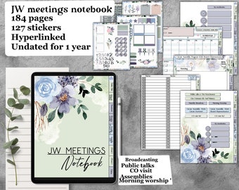 JW notebook undated for one year for GoodNotes, meetings, convention, co visit, pdf iPad hyperlinked, with stickers notability