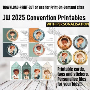 JW kids convention 2025 gepersonaliseerde kaart, speld, sticker, personalisatie pure aanbidding visitekaartjes voor kinderen cadeau, rond bemoedigend
