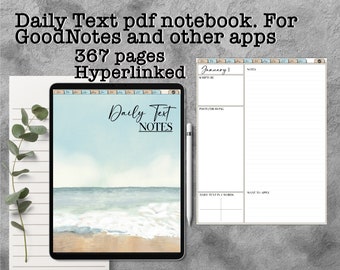 May include: A digital notebook displayed on a tablet, featuring a watercolor beach scene. The text "Daily Text NOTES" is visible. The image also shows a page layout with sections for notes, scripts, and daily text. The notebook has 367 pages and is hyperlinked.