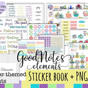 Pode incluir: Um livro de adesivos digitais com elementos temáticos de verão. Inclui vários adesivos com frases, layouts de calendário e ícones de mídia social. Os adesivos estão em formato PNG para GoodNotes.