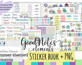 Digital GoodNotes Elements + gift functional stickers for planners, sticker book, pre-cropped PNG stickers summer. for iPad planner