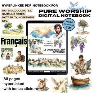 Konwencja ŚJ 2025 Cyfrowy notatnik po francusku, program Pure Worship GoodNotes Notatki Samsunga Notatnik PDF, jw z naklejkami Elementy skoroszytu